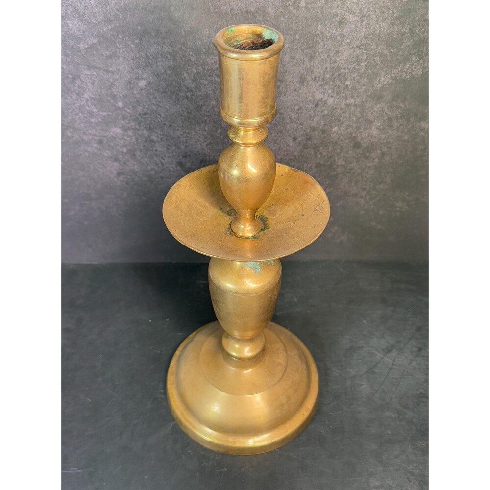 Vintage Brass Heavy Wax Catcher Polished Candlestick 11.25" Tall